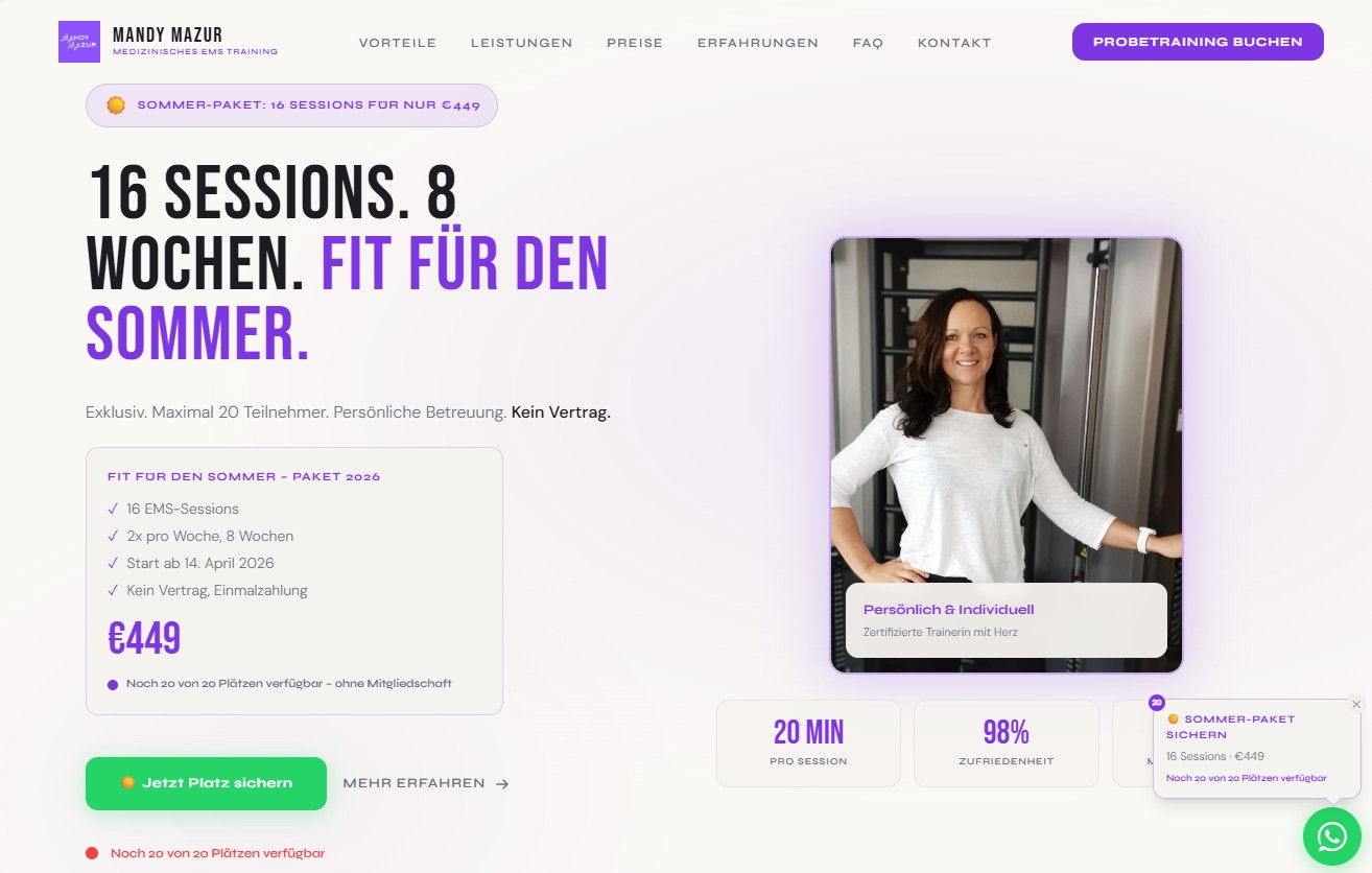 Webdesign Referenz: Mandy Mazur EMS Training Forchheim — moderne Website mit Online-Buchung und Probetraining-Formular