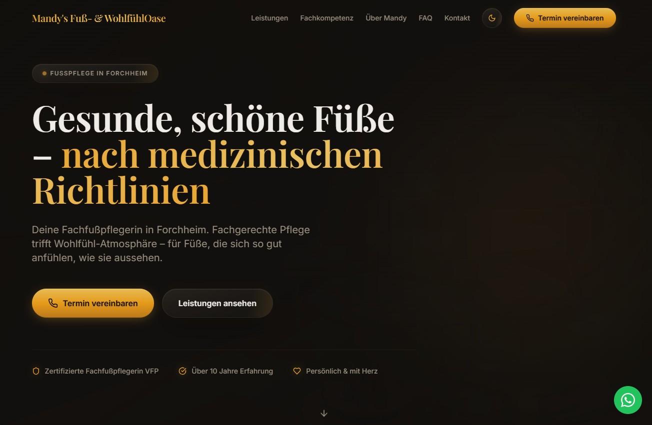 Webdesign Referenz: Fußpflege und Wellness Forchheim — elegantes Dark-Theme mit Terminbuchung und Leistungsübersicht