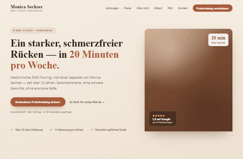 Webdesign Referenz: Monica Sechser EMS-Studio Forchheim — medizinisches EMS-Training, Nachfolge Mandy Mazur, mit Probetraining-Buchung per WhatsApp und lokalem SEO